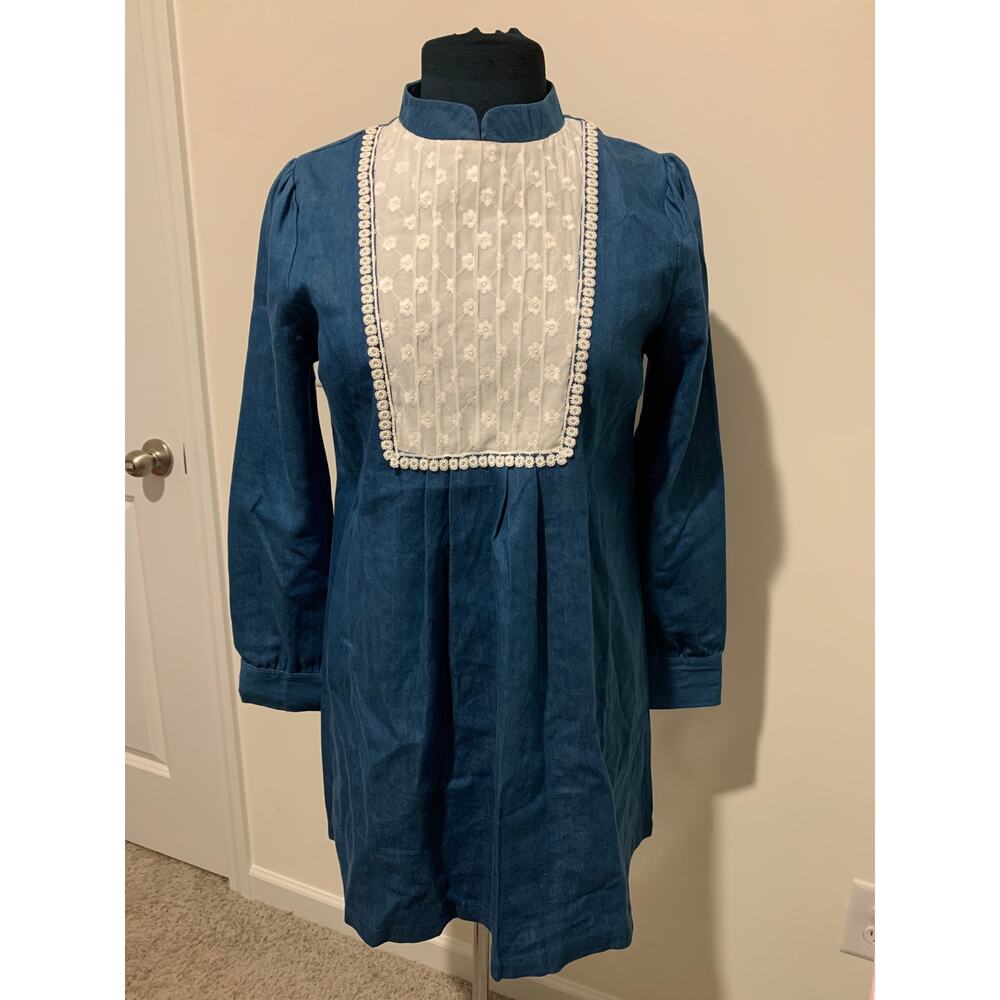 Dahlia Womens Blue Denim Dress Size Large smocked milkmaid prairie cottage core - Picture 2 of 10